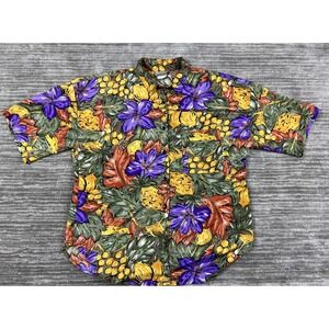 Natalie Button Down Womens Large Multicolor Tropical Fruit Floral Hawaiian Shirt